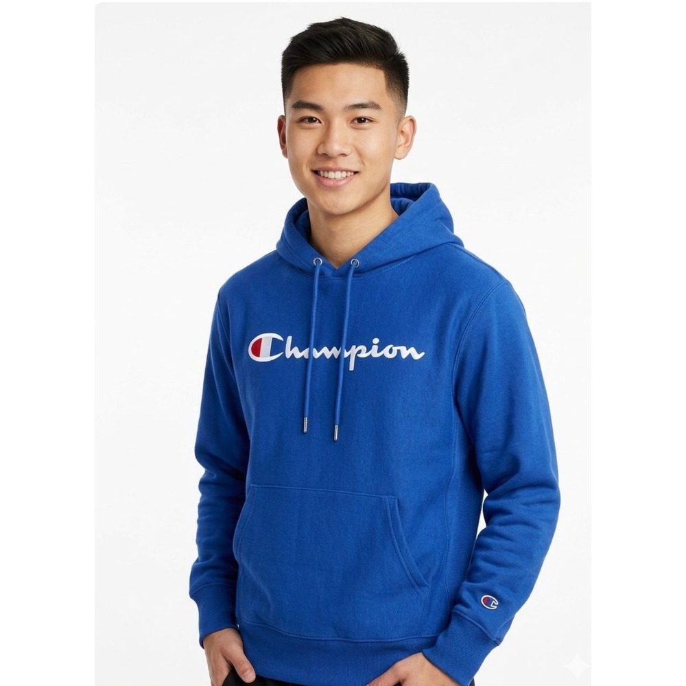Champion Mens Royal Blue Script Logo Fleece Hoodie GF89H M